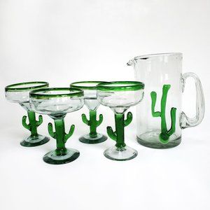 Vintage Green Hand Blown Margarita Set Saguaro Cactus Pitcher 4 Glasses Art